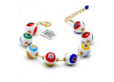 Bracelet or murrine blanc perles millefiori en veritable verre de murano