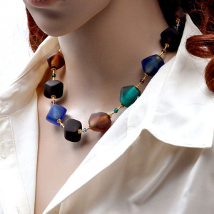 Blue brown gold murano glass necklace 