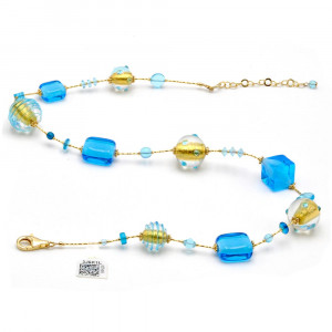 Collier bleu et or en veritable verre de murano de venise