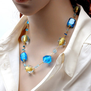 Ketting blauw gouden sieraden originele murano glas van venetië