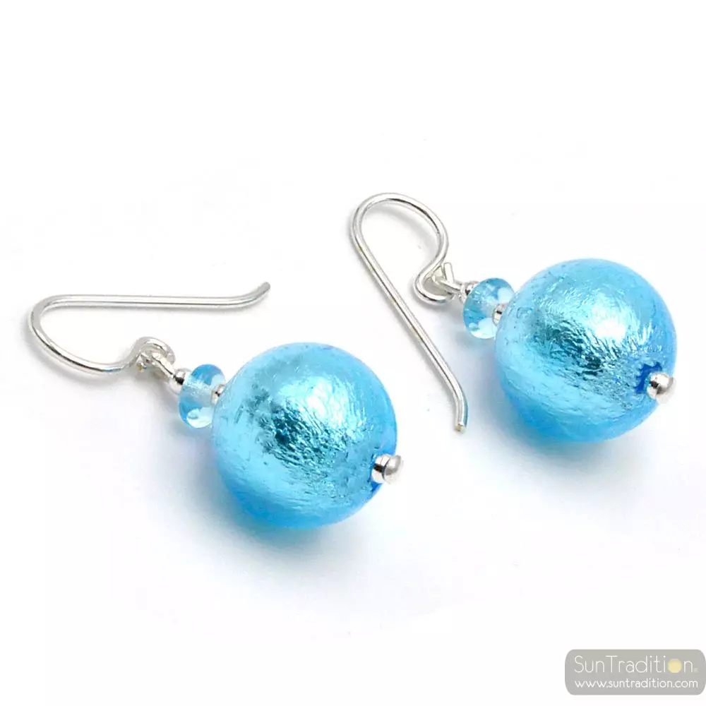 Ball azul claro - aretes azul cristal de murano joyería en auténtico de venecia