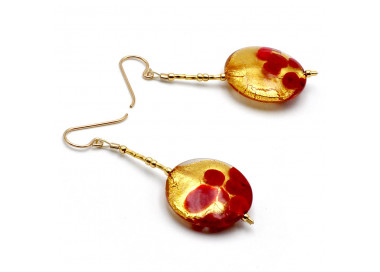 Boucles d'oreilles pendantes pastilles rouge et or en veritable verre de murano de venise