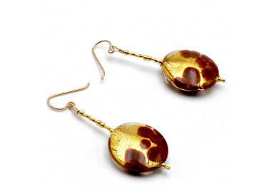 Boucles d'oreilles pendantes pastilles marron et or en veritable verre de murano de venise