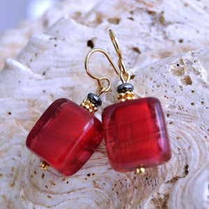  brincos quadrado vermelho de cristal murano de veneza 