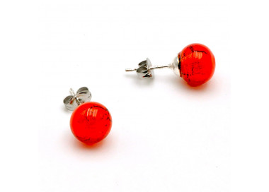 Red orange studs - earrings round button nail genuine murano glass of venice