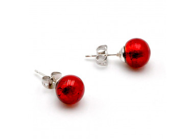 Red earrings studs - round button nail earrings genuine murano glass of venice