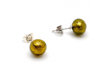 Golden dark green crystal studs - earrings round button nail genuine murano glass of venice