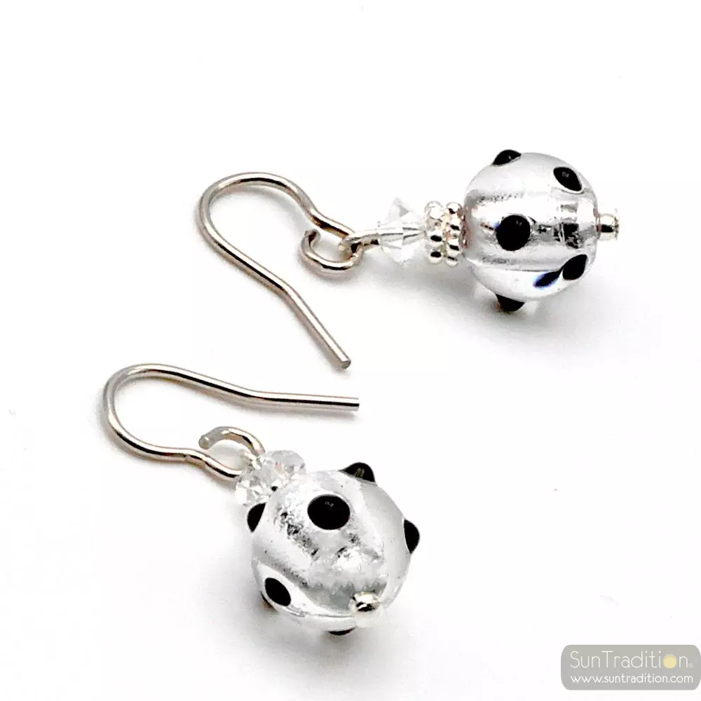 Jojo negro y plata mini lunares - pendientes negro y plata verdadera joya de murano de venecia