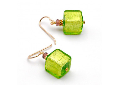 Green and gold earrings genuine murano glass venice