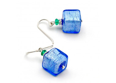 Azul y plata aretes joya cristal murano genuino de venecia