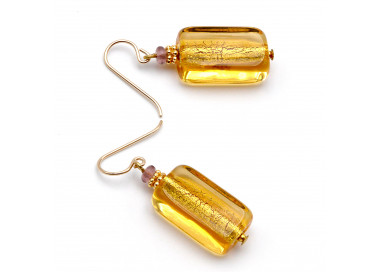 Gold amber earrings genuine murano glass venice