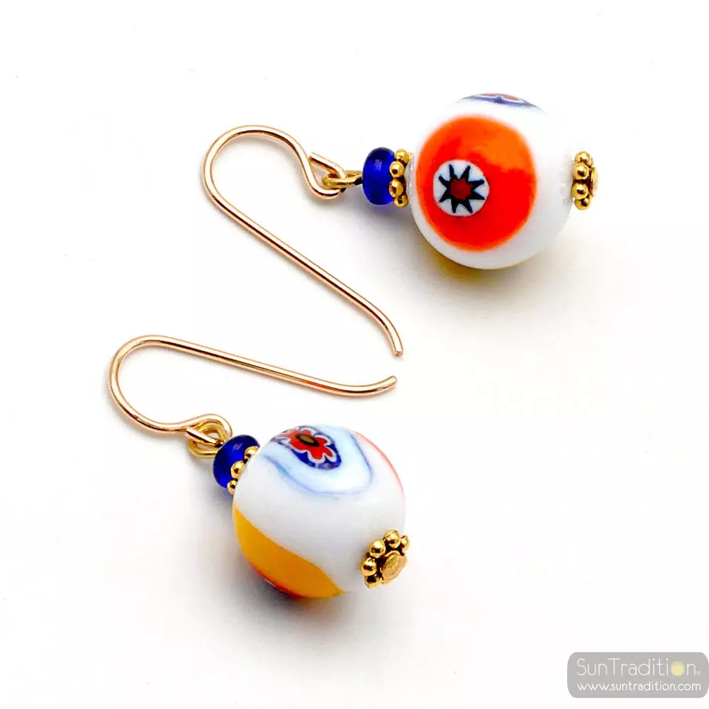 Ball murrine blanco - pendientes murrine millefiori blanco joyería genuina de cristal de murano de venecia