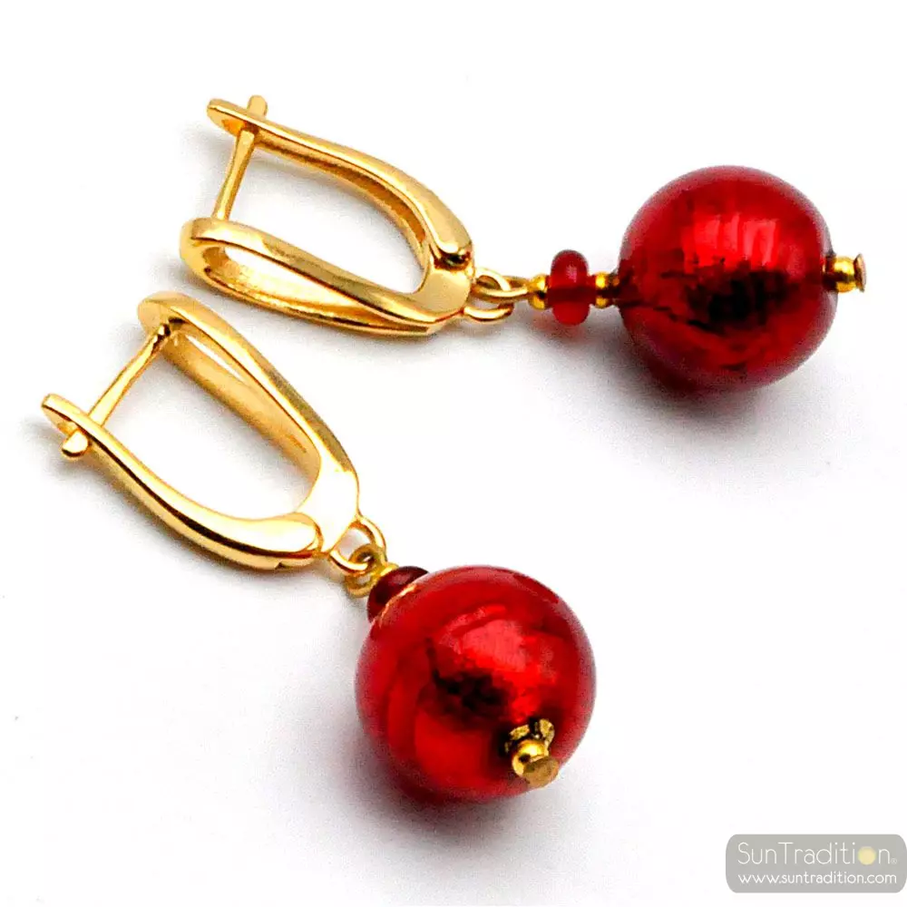 Bola rojo - pendientes gancho cerrado joyas verdadero cristal de murano venecia