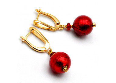 Bola rojo - pendientes gancho cerrado joyas verdadero cristal de murano venecia