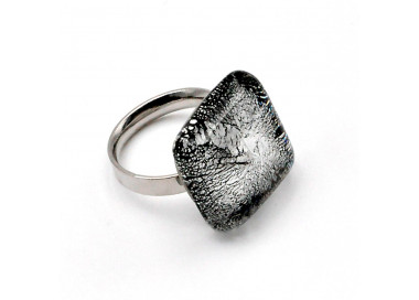 Square silver och svart ring craquele murano glas