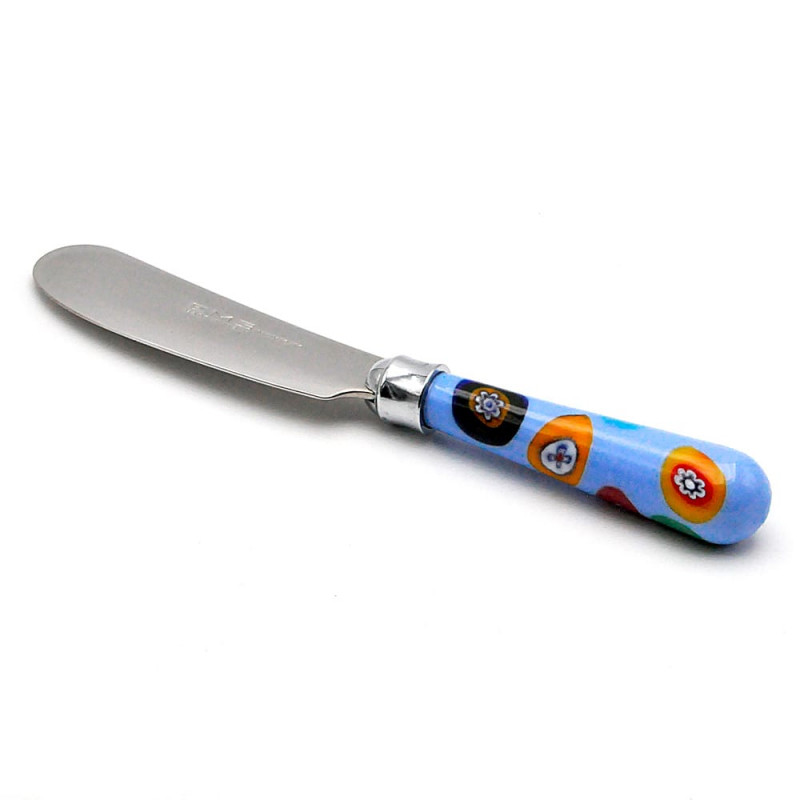 Buttermesser mit glasgriff aus muranoglas millefiori aus venedig 