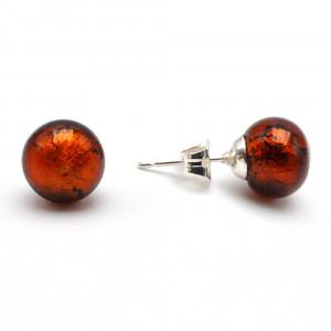 Dark amber earrings studs - round button nail earrings genuine murano glass of venice