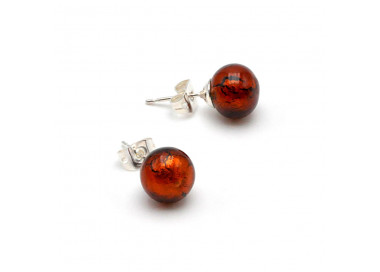 Dark amber earrings studs - round button nail earrings genuine murano glass of venice