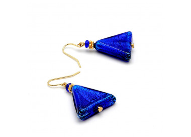 Boucles d'oreilles bleu cobalt triangle en veritable verre de murano de venise