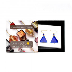 Boucles d'oreilles bleu cobalt triangle en veritable verre de murano de venise