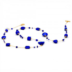 Sautoir collier long bleu cobalt verre de murano de venise