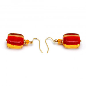 Boucles d'oreilles ambre et rouge rectangle en veritable verre de murano