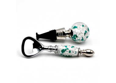 Witte, groene en zilveren murano glazen flesopener en dop kit