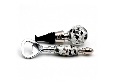 Zwart-witte murano glas flesopener en dop kit zilver