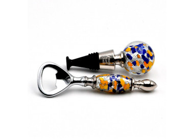 Blue, yellow and silver murano glass bottle opener and cap kit