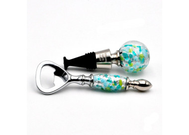 Blue, green and silver murano glass bottle opener and cap kit