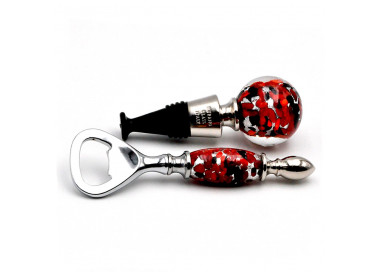 Kit decapsuleur et bouchon en verre de murano rouge, noir et argent