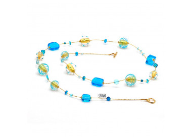 Ketting lang blauw en goud murano glas van venetië