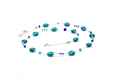 Sautoir collier bleu en veritable verre de murano de venise