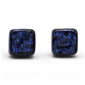 Boucles d'oreilles clou carre bleu et noir en veritable verre de murano de venise