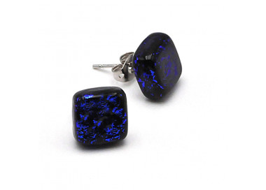 Boucles d'oreilles clou carre bleu et noir en verre de murano de venise