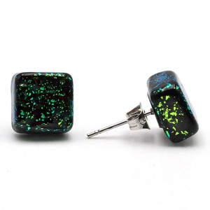 Aretes perno cuadrado verde y negro en auténtico cristal de murano de venecia