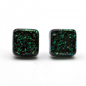 Oorbelen square stud groen en zwart in originele murano glas