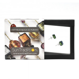 Stud square green and black earrings in genuine murano glass from venice