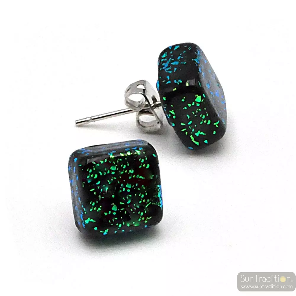 Aretes perno cuadrado verde y negro en auténtico cristal de murano de venecia