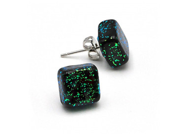 Stud square green and black earrings in genuine murano glass from venice