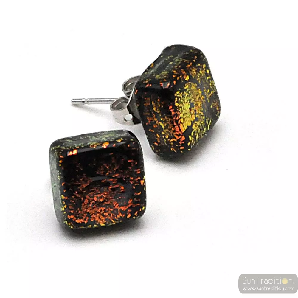 Aretes perno oro cobre y negro en auténtico cristal de murano de venecia