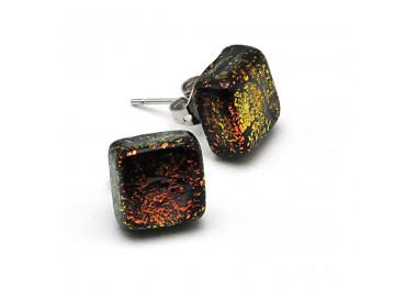 Stud square gold copper earrings and black in genuine murano glass from venice