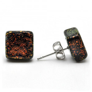 Stud square gold copper earrings and black in genuine murano glass from venice