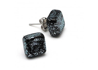 Boucles d'oreilles clou carre argent et noir en verre de murano