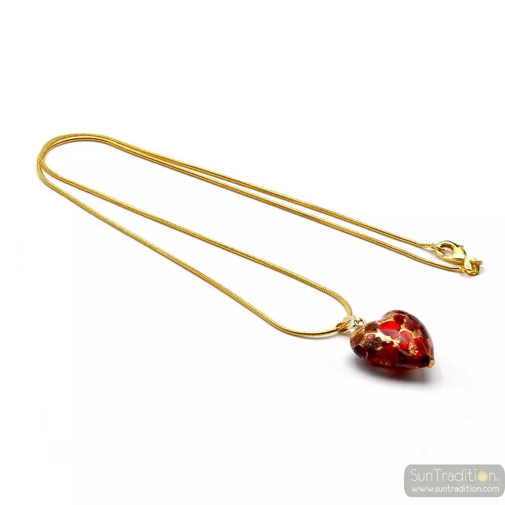 Ciondolo in argento 925 piatto d'argento e cuore d'oro in vetro di murano rosso e oro