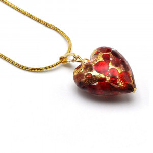 Pendentif en or et coeur en verre de murano rouge et or