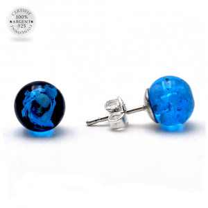 Pendientes de perno  azul claro y negro genuino cristal de murano de venecia