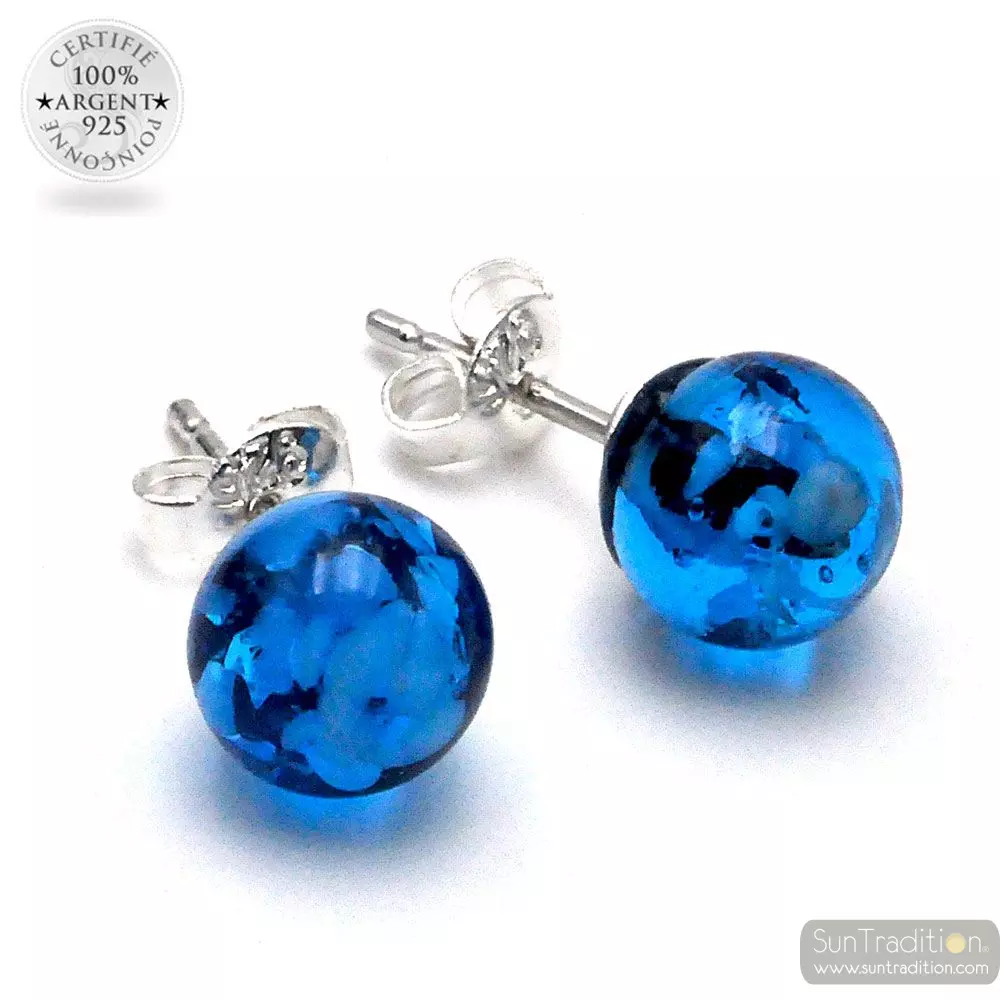 Pendientes de perno azul claro y negro genuino cristal de murano de venecia