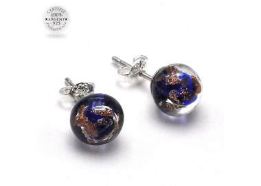 Stud earrings cobalt blue and aventurine in genuine murano glass of venice