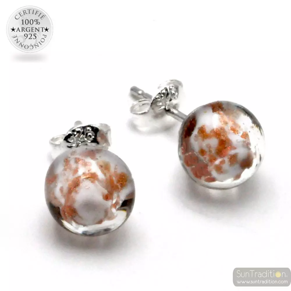 Pendientes de perno blanco y aventurina en auténtico cristal de murano de venecia